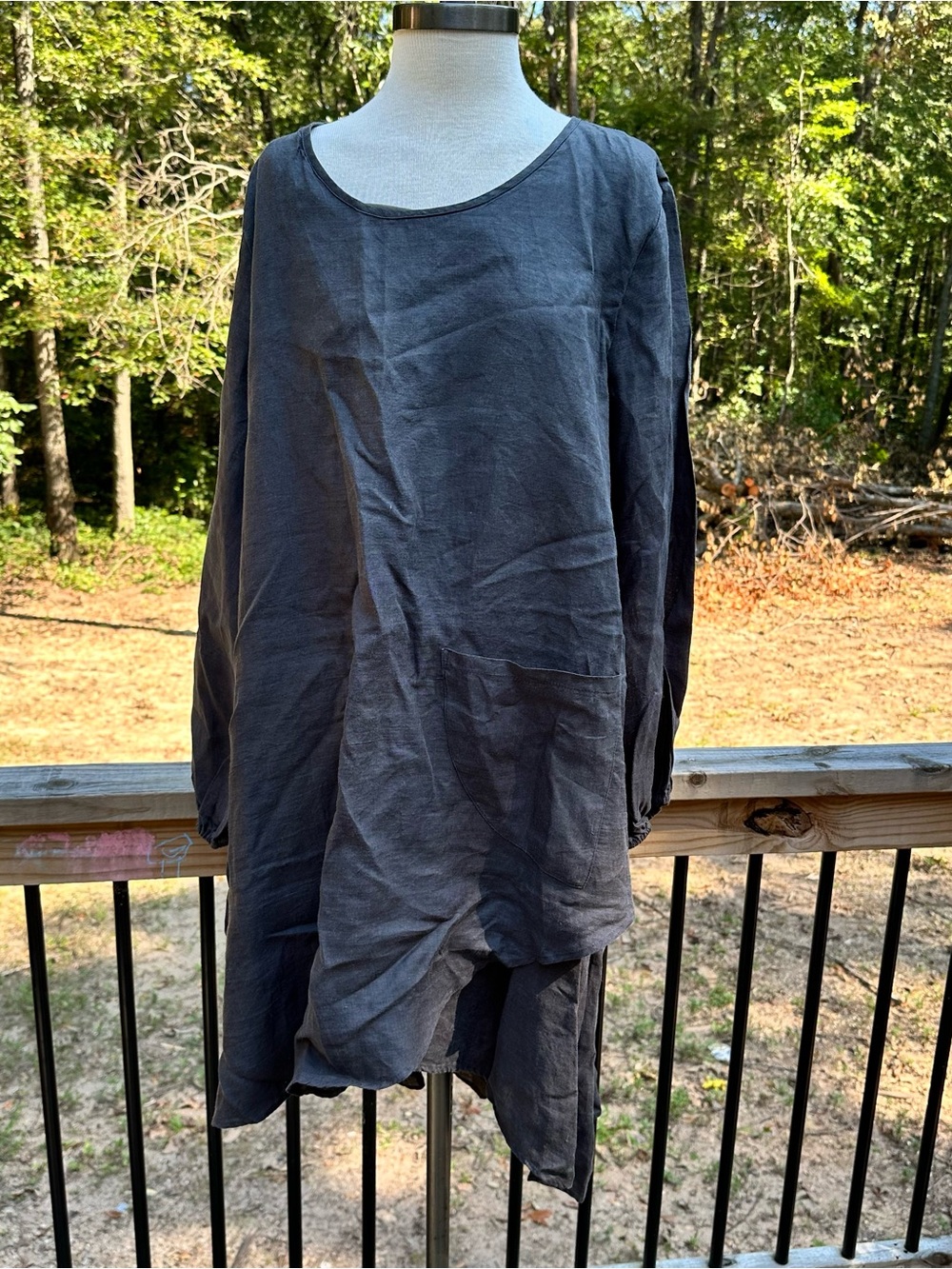 Lagenlook Long Sleeve Tunic Dress in Charcoal Bella Blue 100% Linen s/M